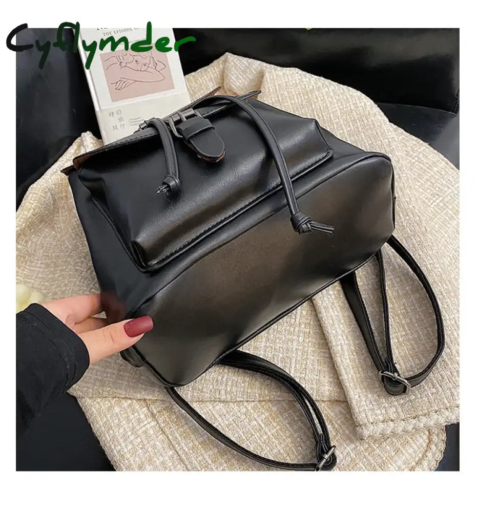 Cyflymder Women Drawstring Backpack Pu Leather School Bags Teenage Girls Belt Decoration Backpacks