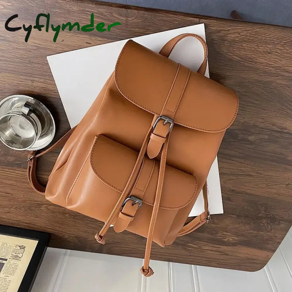 Cyflymder Women Drawstring Backpack Pu Leather School Bags Teenage Girls Belt Decoration Backpacks