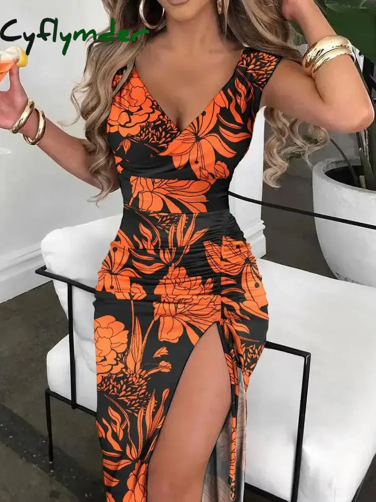 Cyflymder Women Elegant Spring High Split Party Dress 2025 Office Lady V Neck Slim Mid Dress Femme Sleeveless Summer