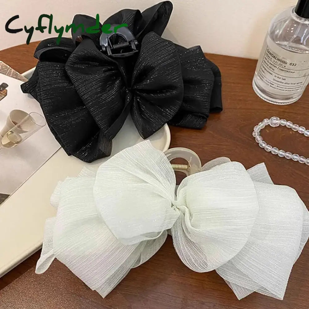 Cyflymder Women Elegant Three Layers Large Chiffon Bow Hair Claw Sweet Decorate Headband Clip