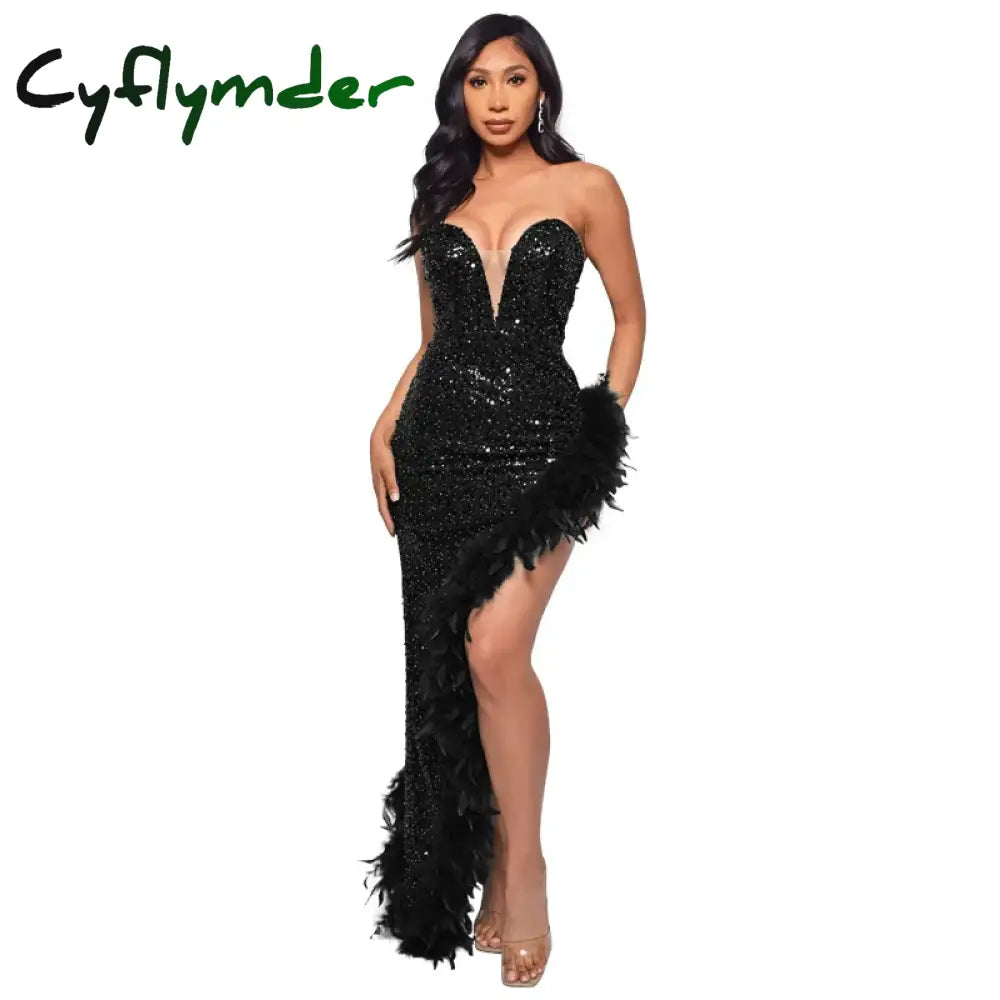 Cyflymder Women Evening Dresses Asymmetrical Shiny Sequins Feather Cocktail Party Dress Sexy Strapless Long Formal Prom