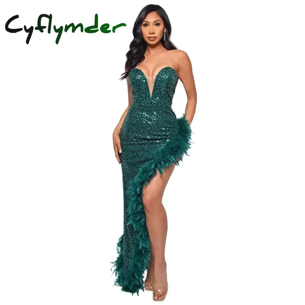 Cyflymder Women Evening Dresses Asymmetrical Shiny Sequins Feather Cocktail Party Dress Sexy Strapless Long Formal Prom