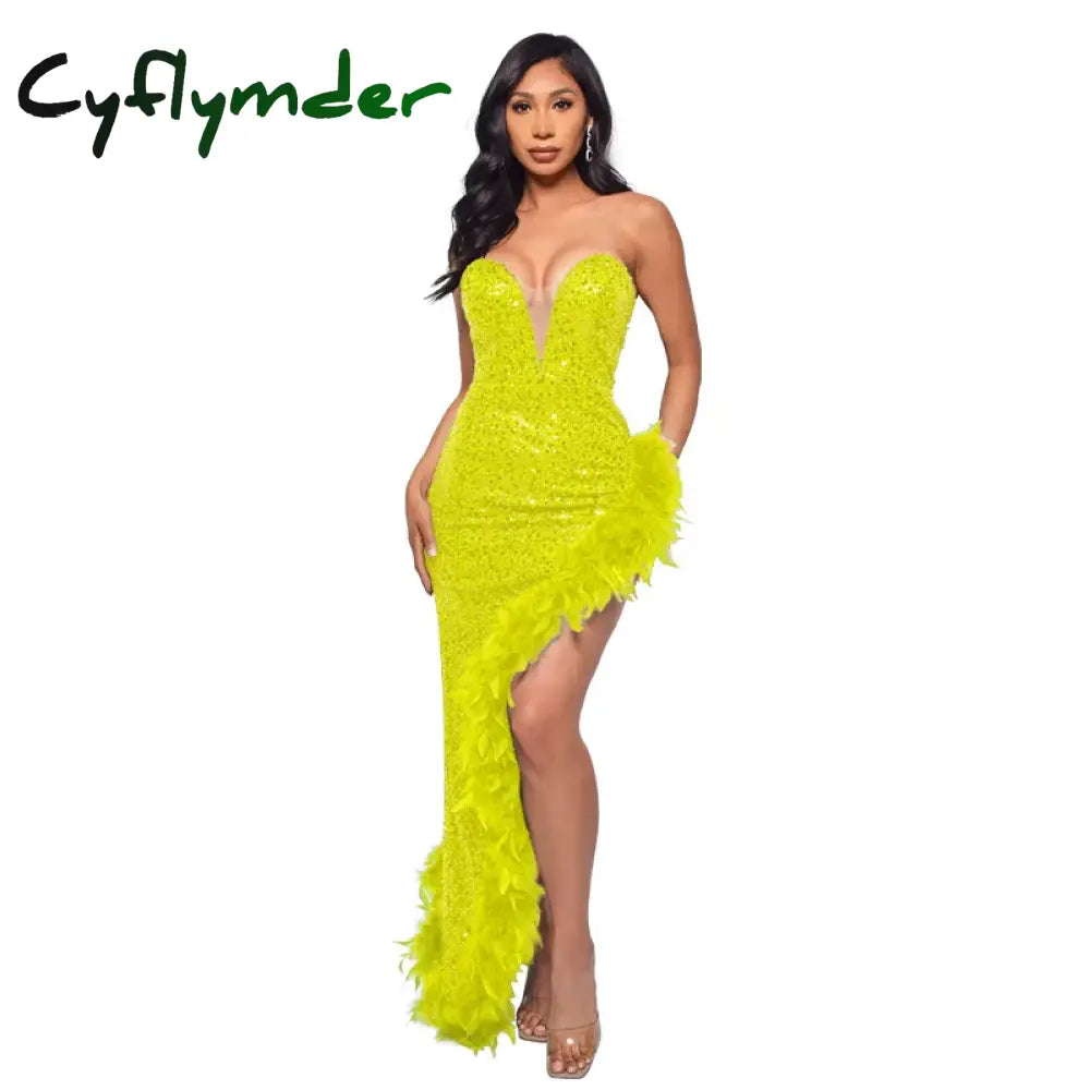 Cyflymder Women Evening Dresses Asymmetrical Shiny Sequins Feather Cocktail Party Dress Sexy Strapless Long Formal Prom
