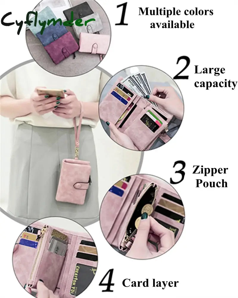 Cyflymder Women Fashion Matte Short Wallet Pu Leather Zipper Hasp Frosted Ladies Purses Money Coin