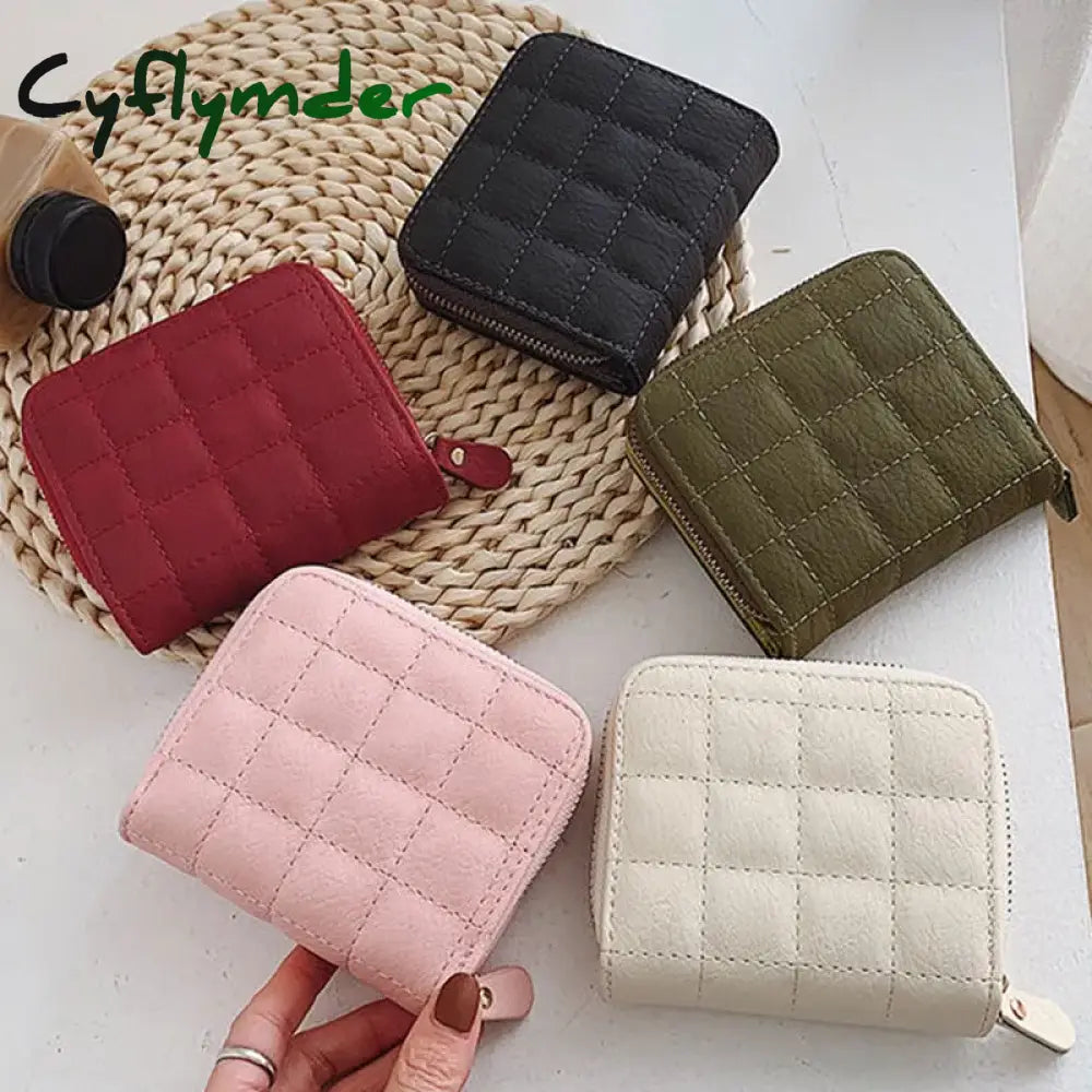 Cyflymder Women Fashion Small Zipper Wallet With Coin Purse Pu Leather Plaid Purses Ladies Cute