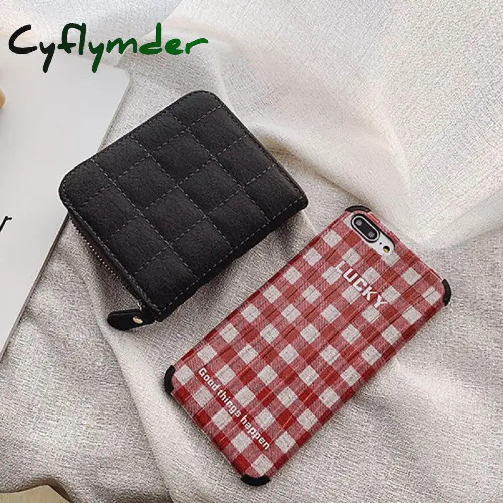 Cyflymder Women Fashion Small Zipper Wallet With Coin Purse Pu Leather Plaid Purses Ladies Cute