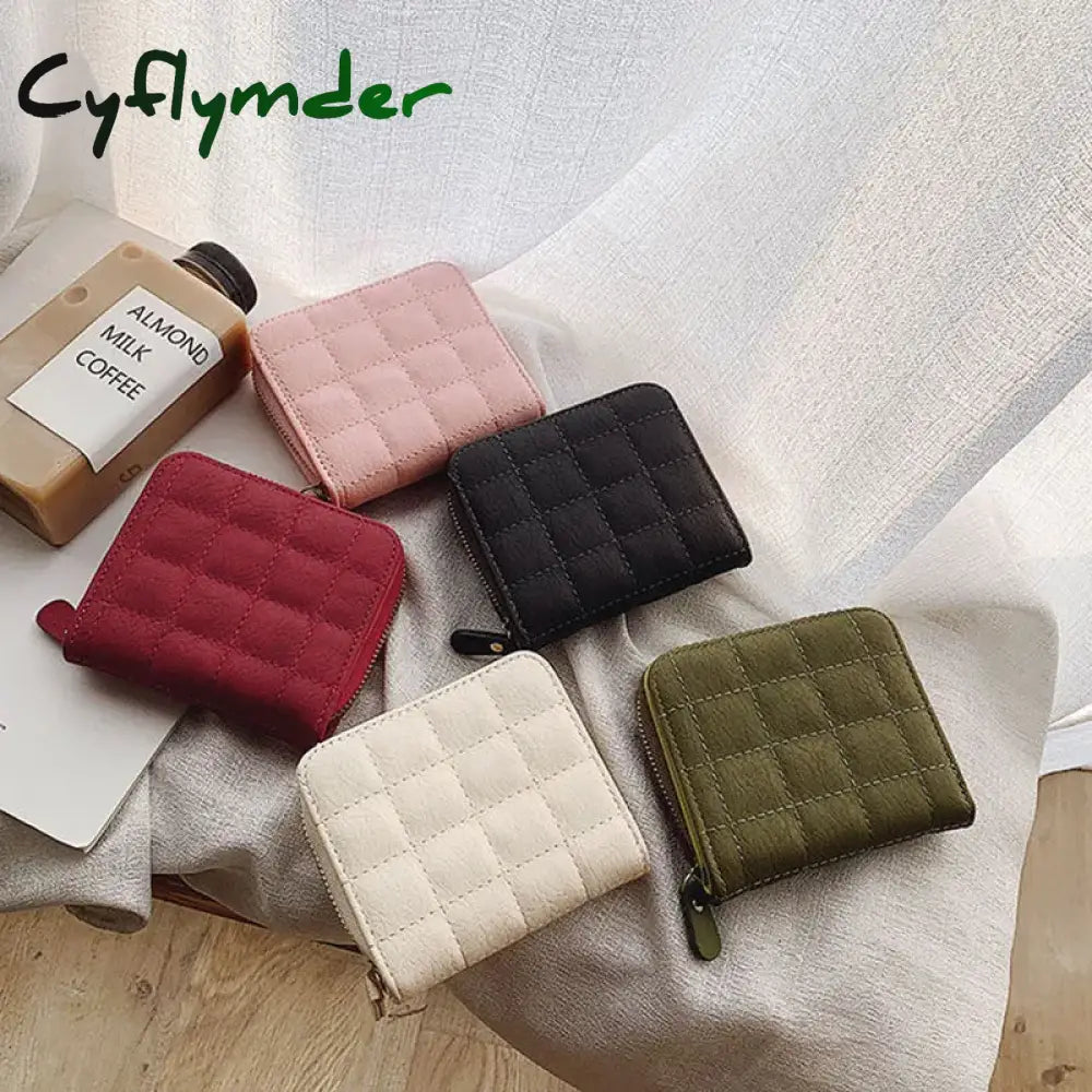 Cyflymder Women Fashion Small Zipper Wallet With Coin Purse Pu Leather Plaid Purses Ladies Cute