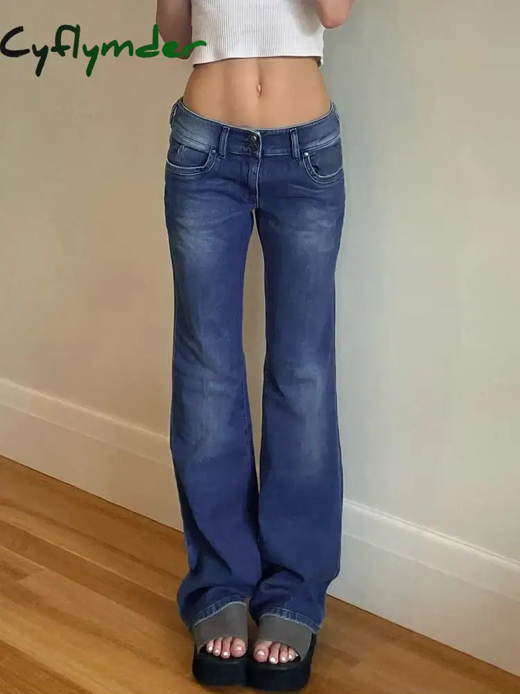 Cyflymder Women Flared Jeans Mid Waist Denim Pant Vintage Stretch 90S Streetwear Y2K Boot Cut