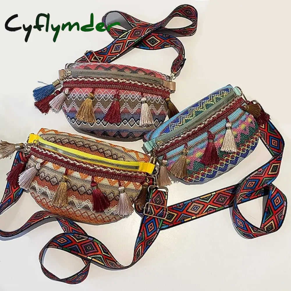 Cyflymder Women Folk Style Waist Bags With Adjustable Strap Variegated Color Fanny Pack Fringe