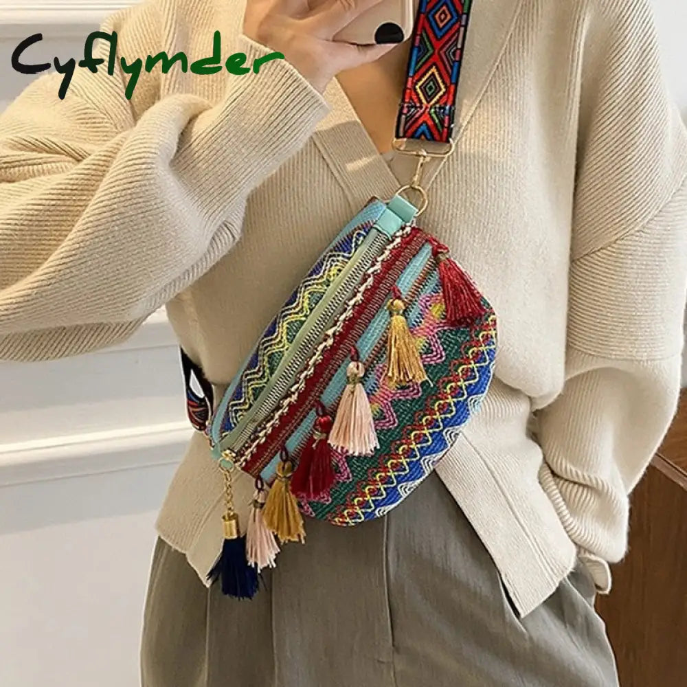 Cyflymder Women Folk Style Waist Bags With Adjustable Strap Variegated Color Fanny Pack Fringe