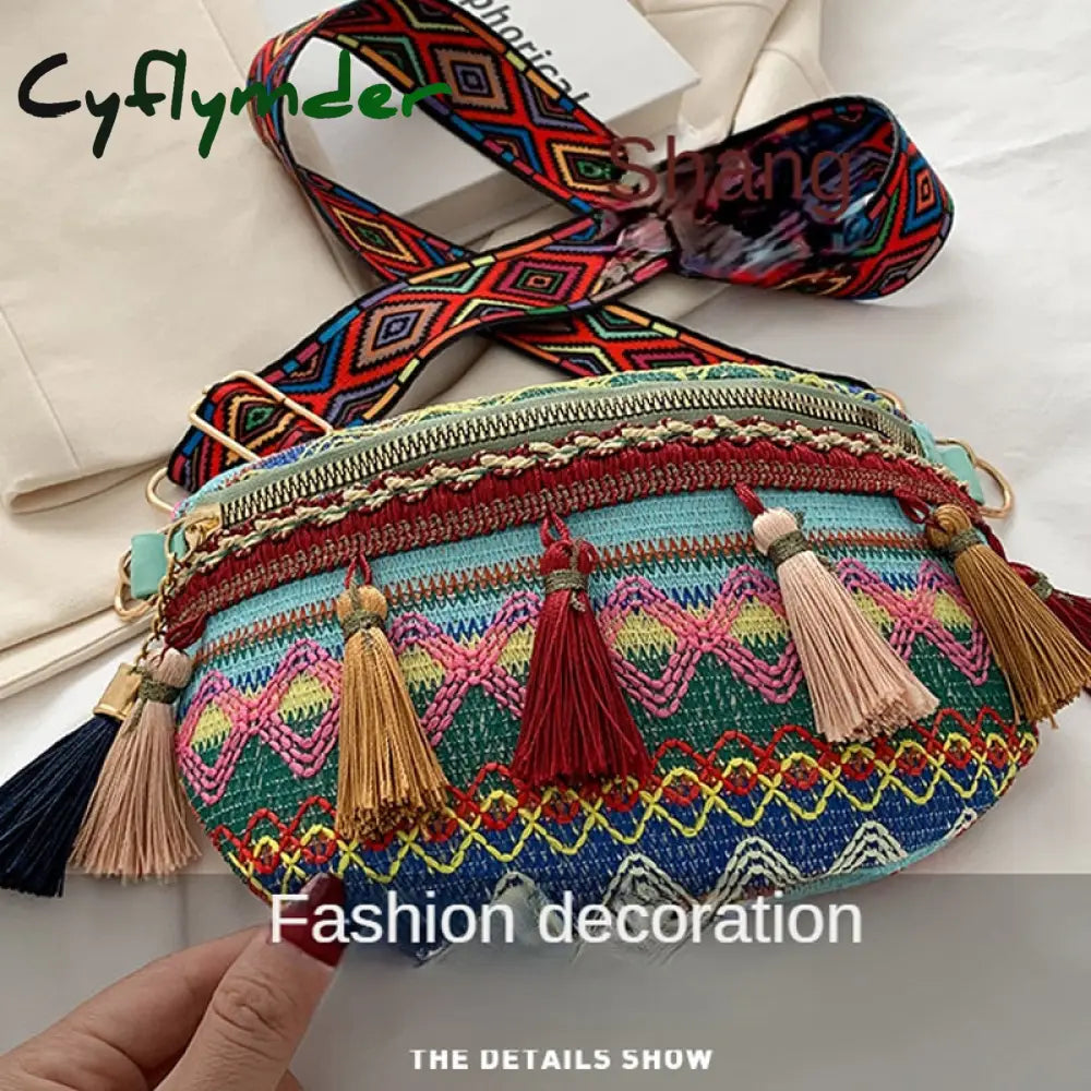 Cyflymder Women Folk Style Waist Bags With Adjustable Strap Variegated Color Fanny Pack Fringe