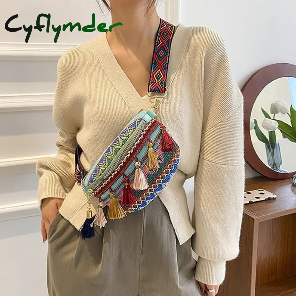 Cyflymder Women Folk Style Waist Bags With Adjustable Strap Variegated Color Fanny Pack Fringe