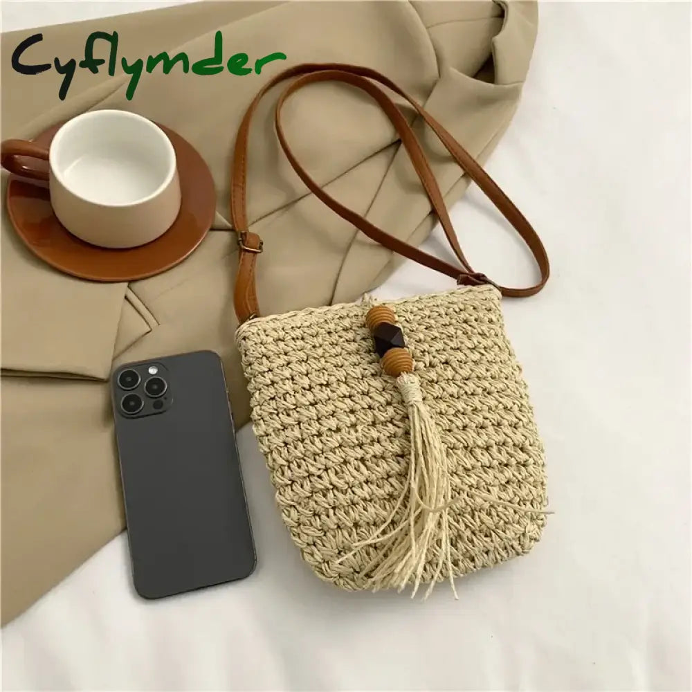 Cyflymder Women Handmade Straw Woven Small Bucket Bag Fashion Crossbody Shoulder Ladies Simple