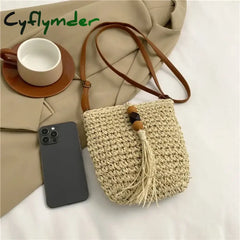 Cyflymder Women Handmade Straw Woven Small Bucket Bag Fashion Crossbody Shoulder Ladies Simple