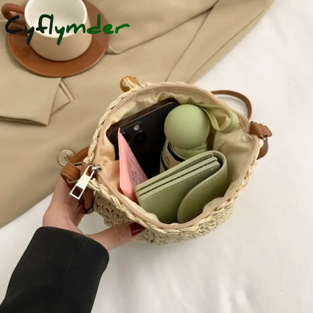 Cyflymder Women Handmade Straw Woven Small Bucket Bag Fashion Crossbody Shoulder Ladies Simple