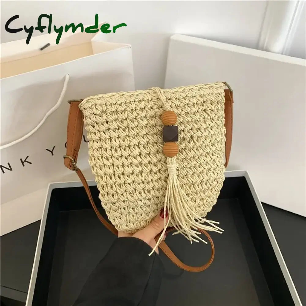 Cyflymder Women Handmade Straw Woven Small Bucket Bag Fashion Crossbody Shoulder Ladies Simple