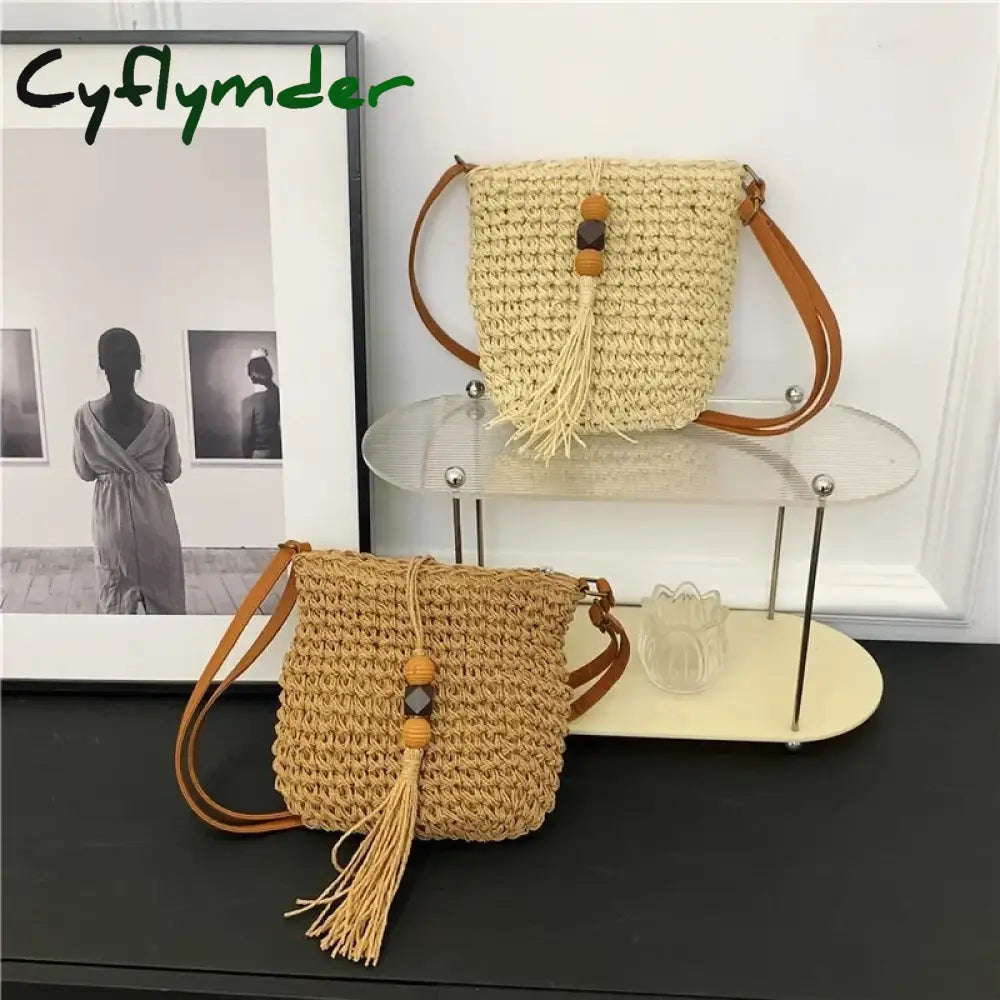 Cyflymder Women Handmade Straw Woven Small Bucket Bag Fashion Crossbody Shoulder Ladies Simple