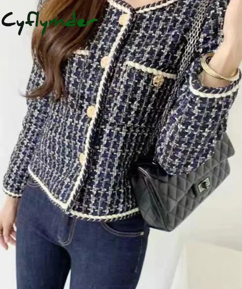 Women Jackets Slim O-Neck Long Sleeve Chic Casual Coat New Fashion Single Breasted Pocket Plaid Female Jacket Cyflymder