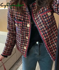 Women Jackets Slim O-Neck Long Sleeve Chic Casual Coat New Fashion Single Breasted Pocket Plaid Female Jacket Cyflymder