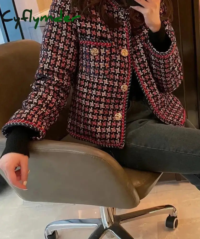 Women Jackets Slim O-Neck Long Sleeve Chic Casual Coat New Fashion Single Breasted Pocket Plaid Female Jacket Cyflymder