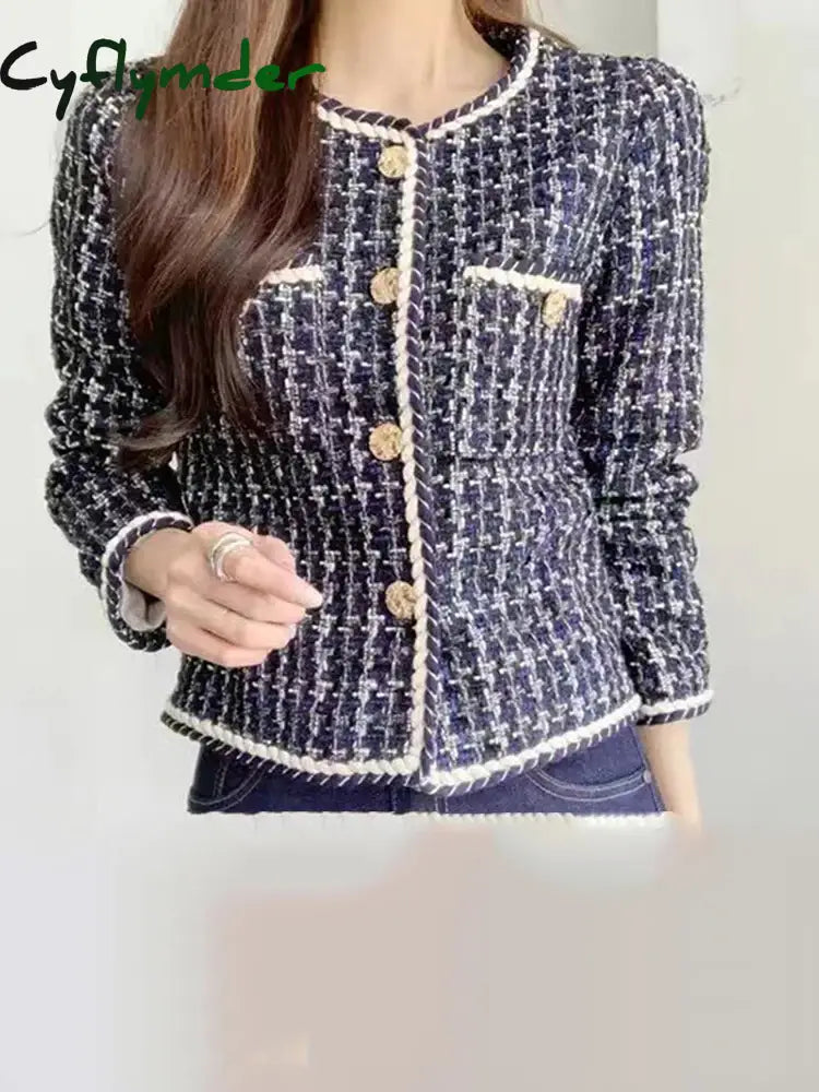 Women Jackets Slim O-Neck Long Sleeve Chic Casual Coat New Fashion Single Breasted Pocket Plaid Female Jacket Cyflymder