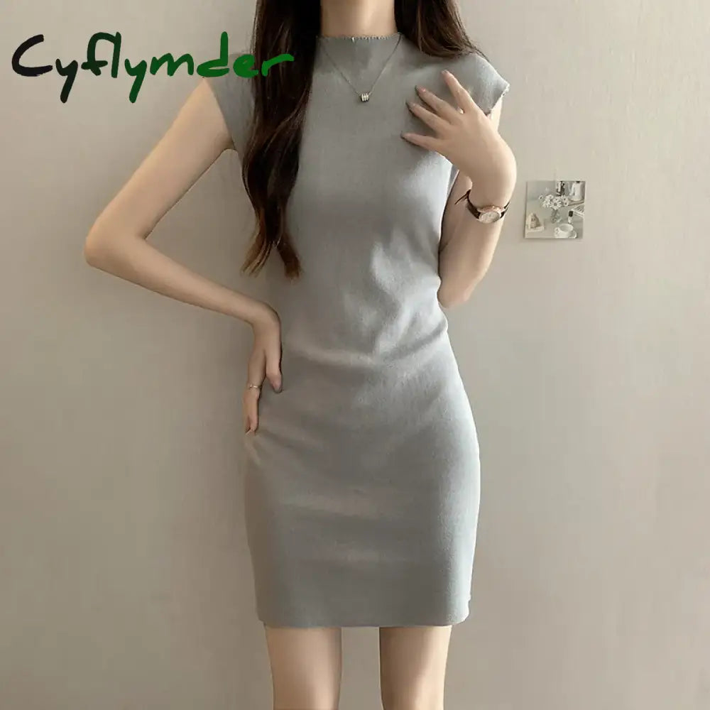 Cyflymder Women Knitted Sexy Bodycon Dress Solid Sleeveless O-Neck Party Dresses Off Shoulder