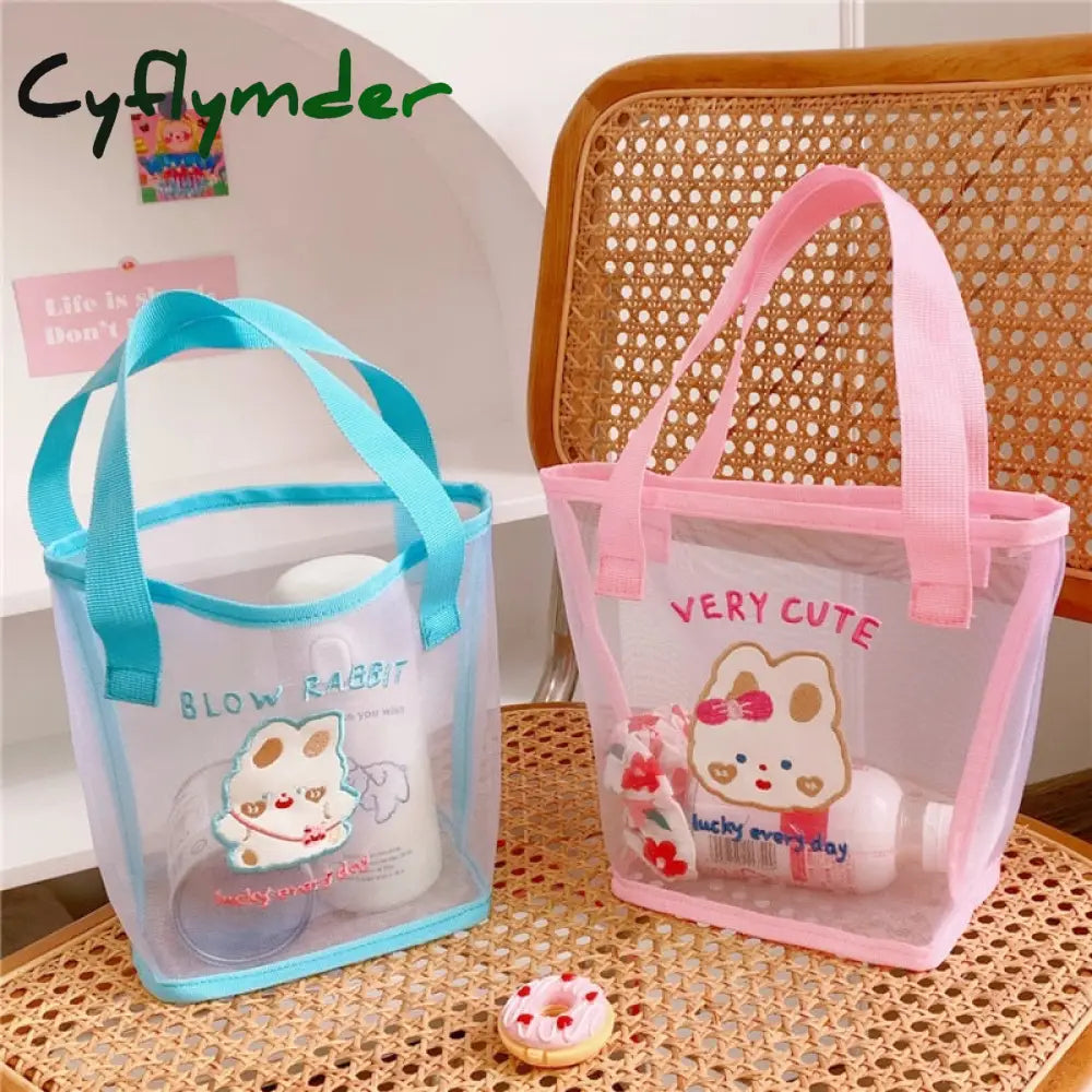 Cyflymder Women Korean Bear Rabbit Mesh Handbag Totes Girls Summer Travel Beach Bag Shopping Bags