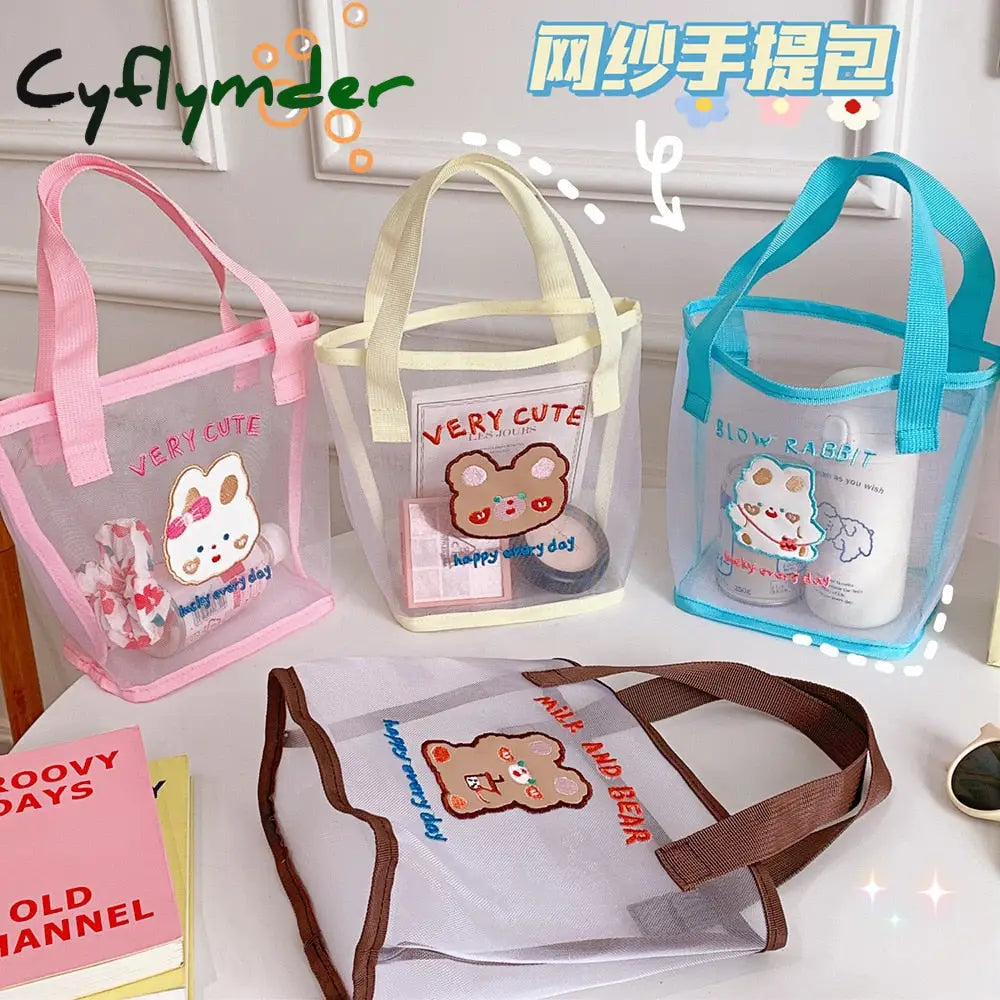 Cyflymder Women Korean Bear Rabbit Mesh Handbag Totes Girls Summer Travel Beach Bag Shopping Bags