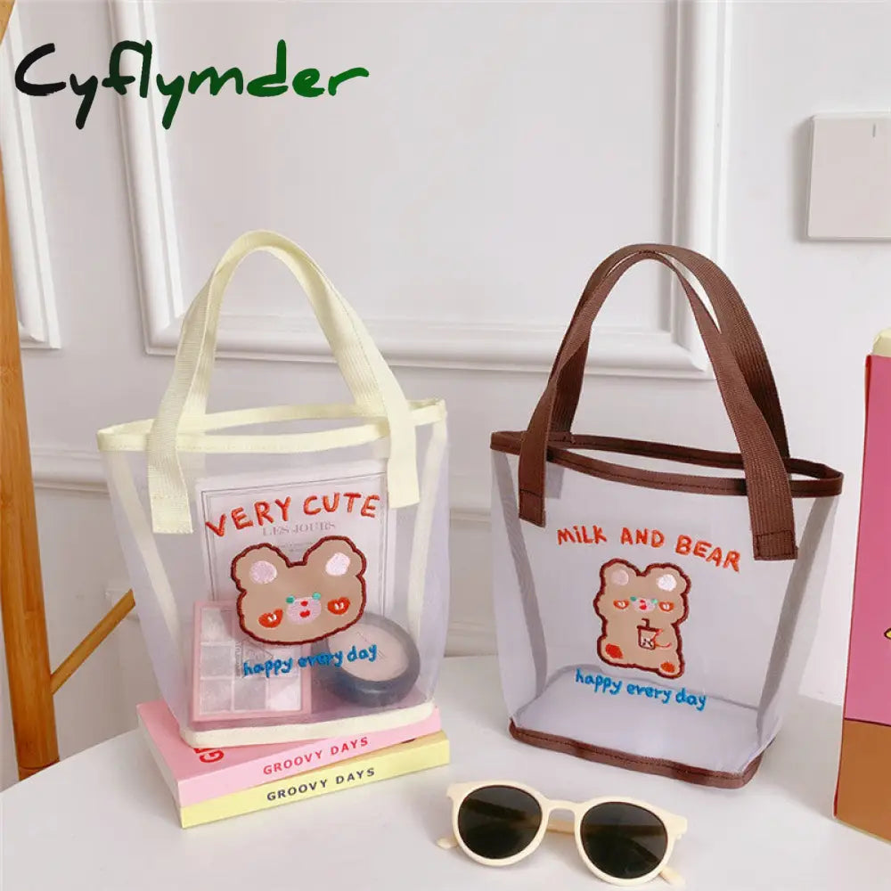 Cyflymder Women Korean Bear Rabbit Mesh Handbag Totes Girls Summer Travel Beach Bag Shopping Bags