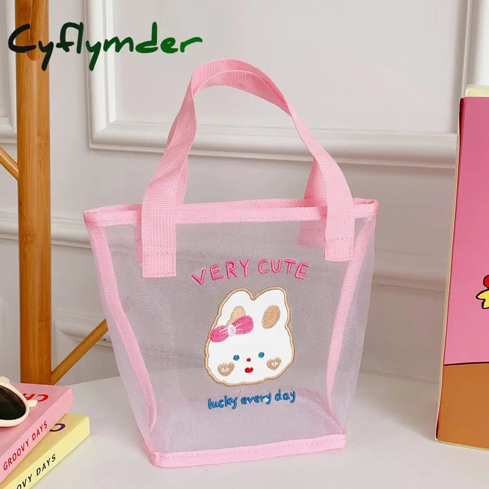 Cyflymder Women Korean Bear Rabbit Mesh Handbag Totes Girls Summer Travel Beach Bag Shopping Bags