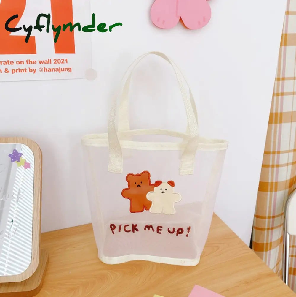 Cyflymder Women Korean Bear Rabbit Mesh Handbag Totes Girls Summer Travel Beach Bag Shopping Bags