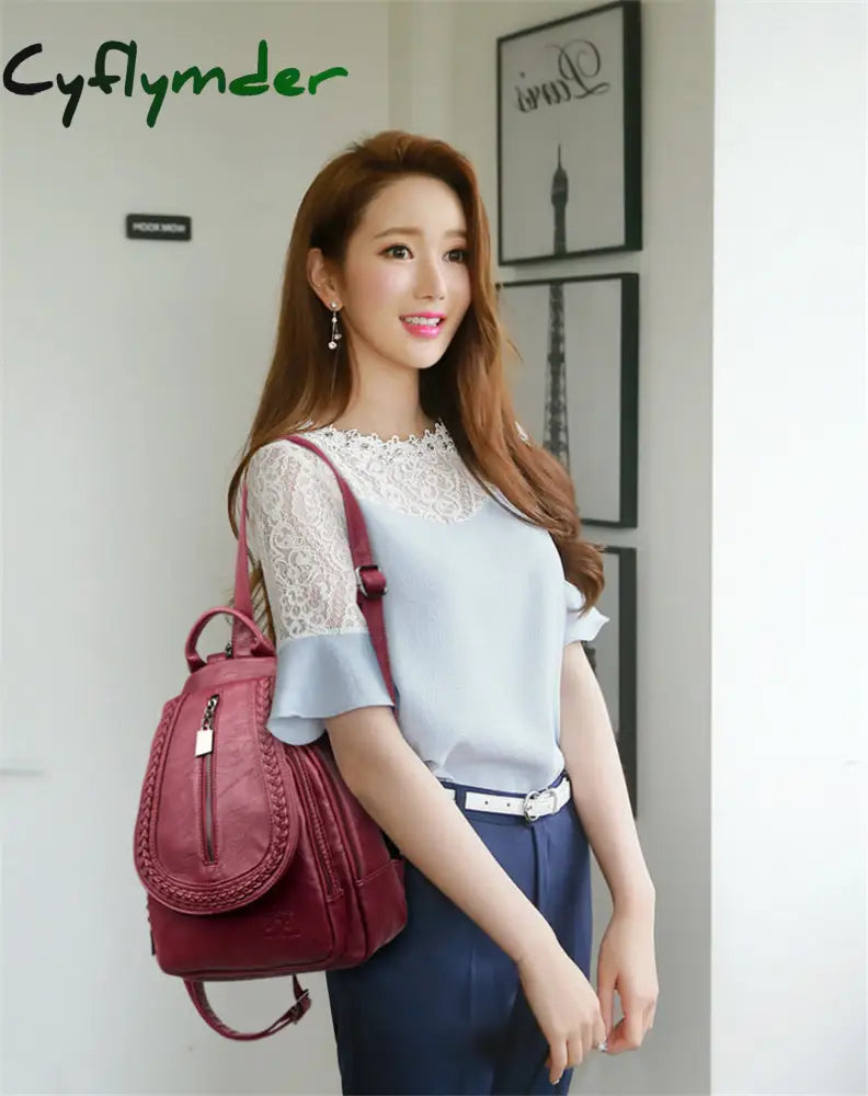 Cyflymder Women Leather Backpacks Zipper Female Chest Bag Sac A Dos Travel Back Pack Ladies Bagpack