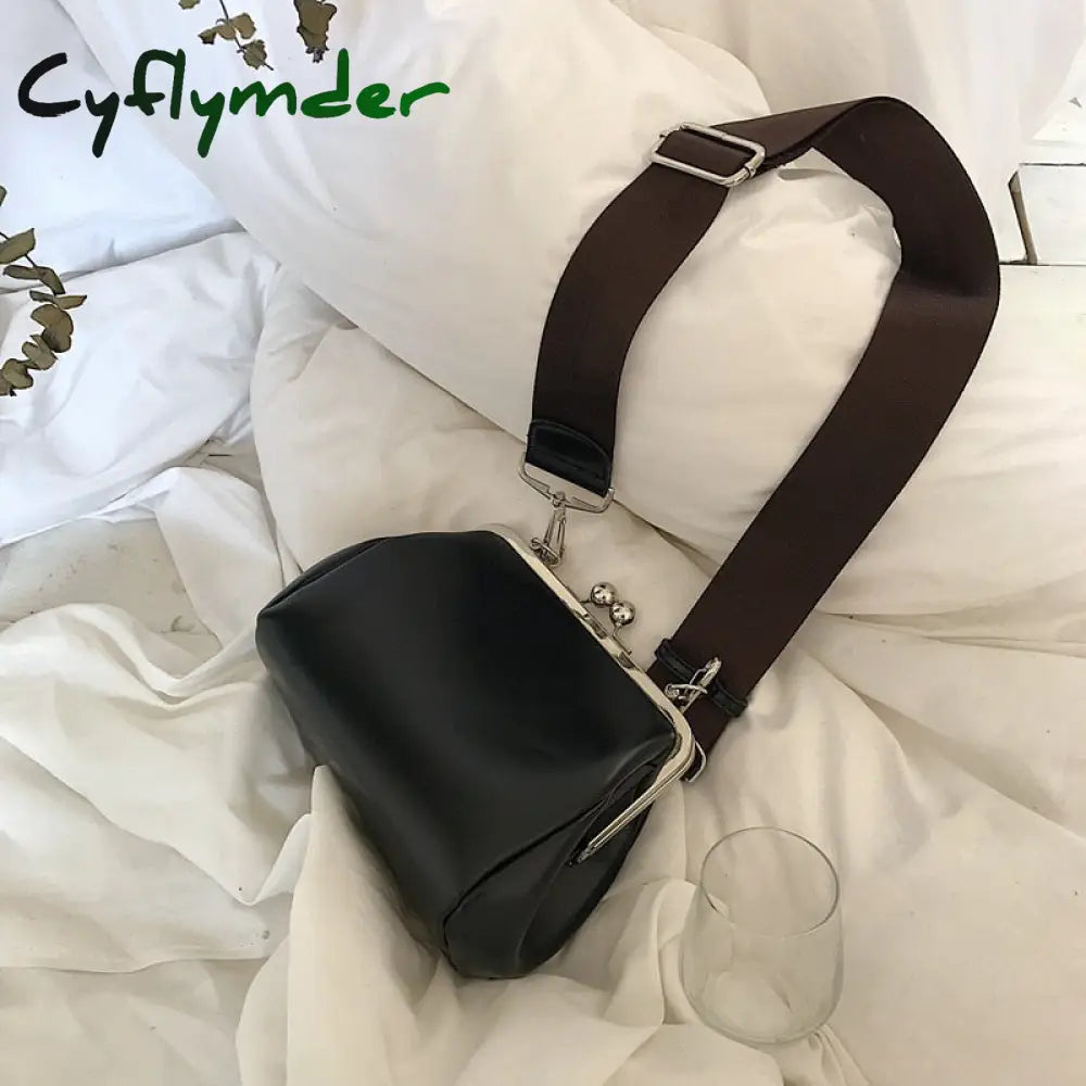 Cyflymder Women Leather Messenger Bag Wide Shoulder Strap Female Retro Kiss Lock Crossbody Bags