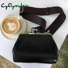 Cyflymder Women Leather Messenger Bag Wide Shoulder Strap Female Retro Kiss Lock Crossbody Bags