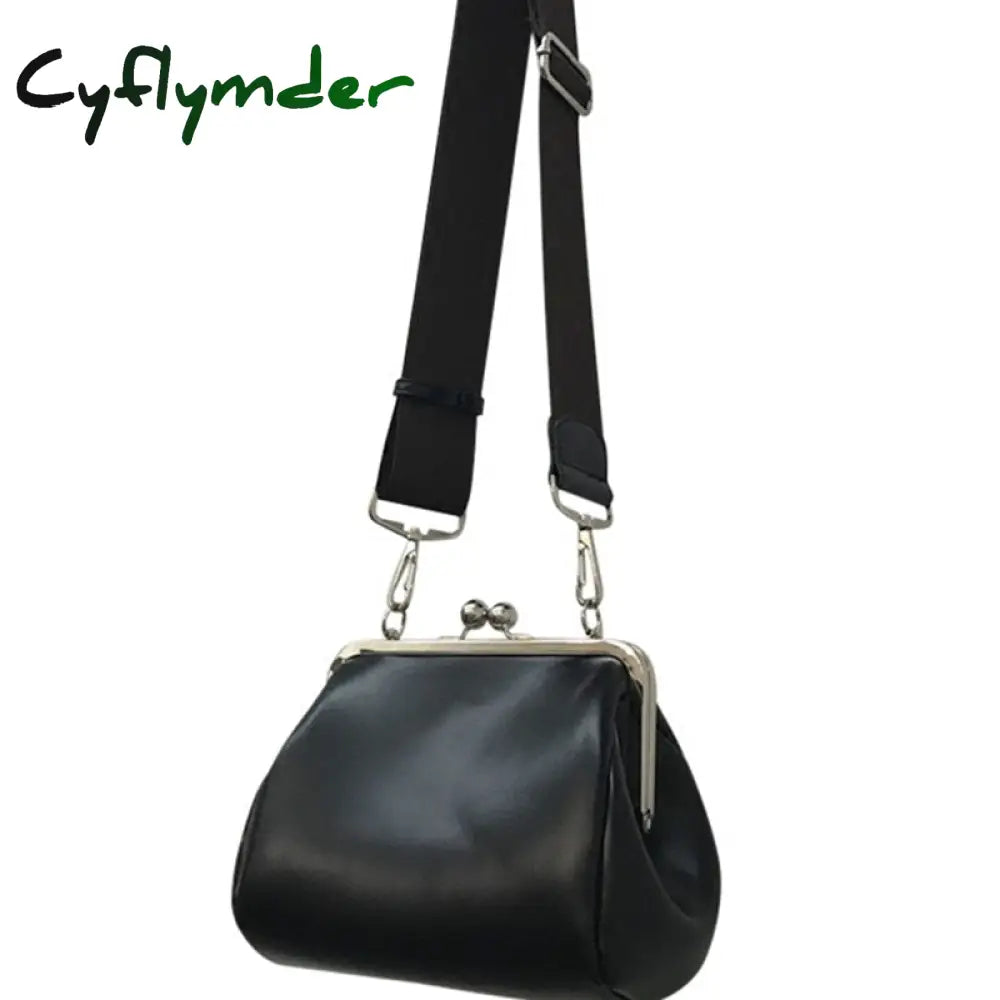 Cyflymder Women Leather Messenger Bag Wide Shoulder Strap Female Retro Kiss Lock Crossbody Bags