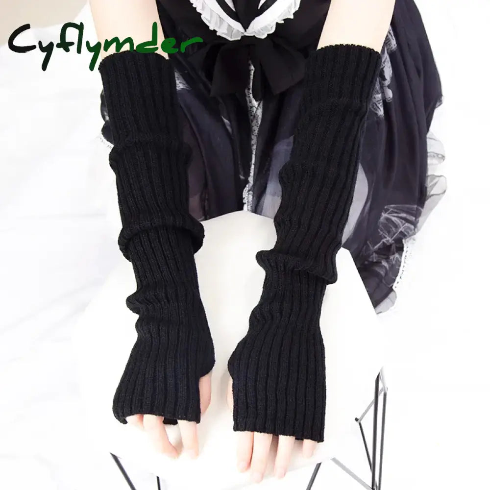 Cyflymder Women Long Fingerless Gloves Soft Female Glove Lolita Kawaii Mitten Winter Warmer Knitted Arm Sleeve Girls