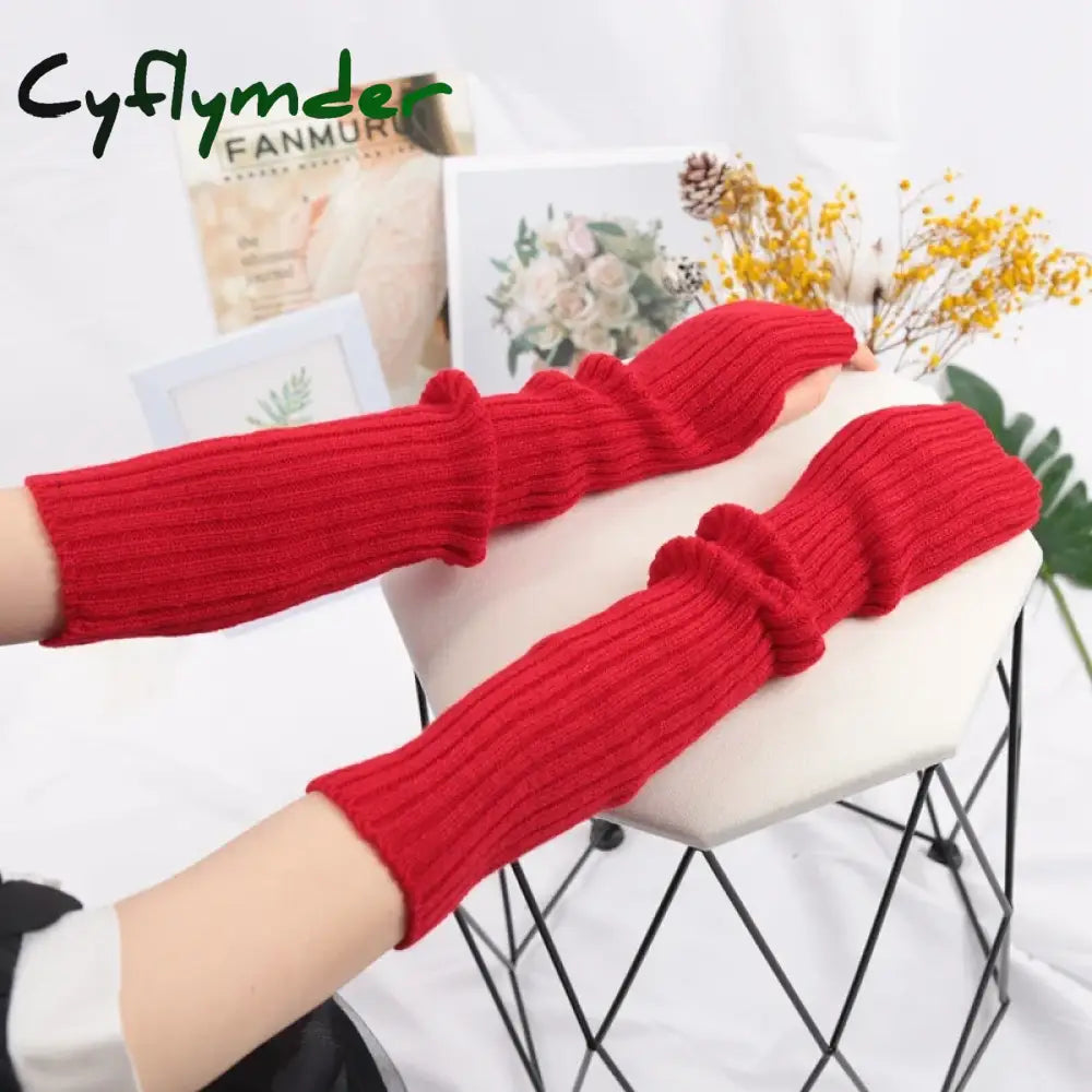 Cyflymder Women Long Fingerless Gloves Soft Female Glove Lolita Kawaii Mitten Winter Warmer Knitted Arm Sleeve Girls