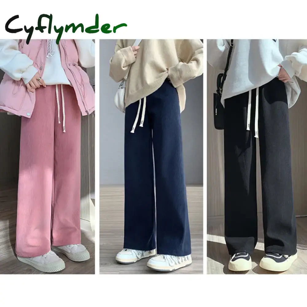 Cyflymder Women Long Pants Autumn Winter Elastic Waist Stright Wide Leg Pants Casual Female Trousers