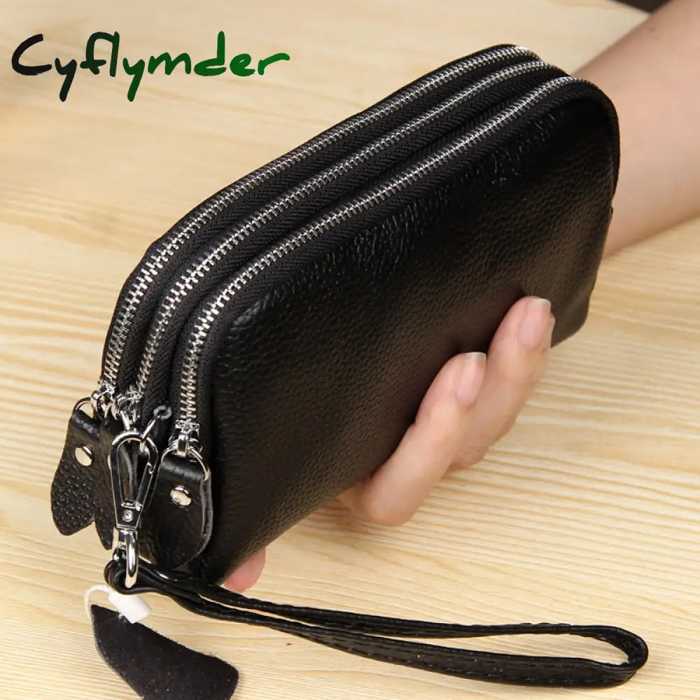 Cyflymder Women Long Wallet Genuine Leather 3-Layer Zipper Purse Bag Large Capacity Wristlet Clutch