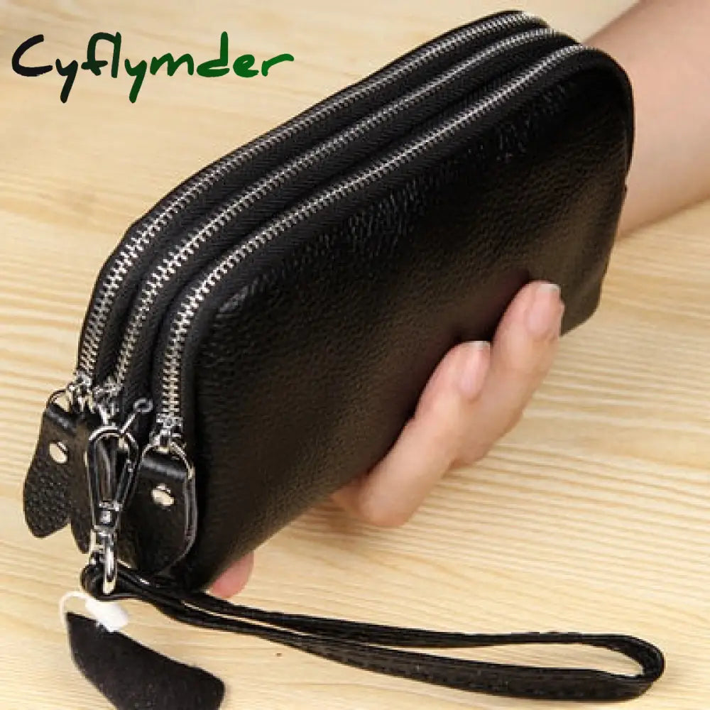 Cyflymder Women Long Wallet Genuine Leather 3-Layer Zipper Purse Bag Large Capacity Wristlet Clutch