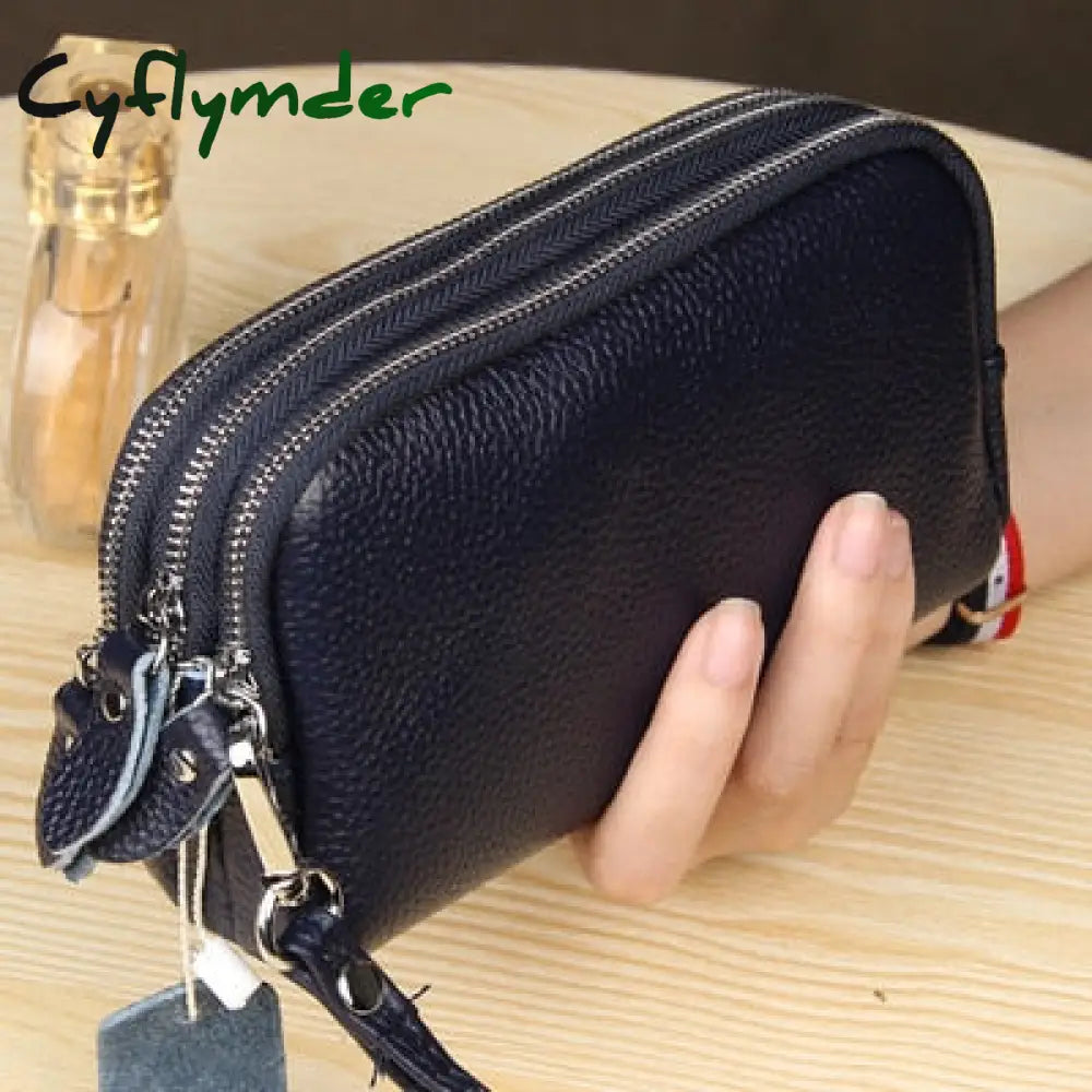 Cyflymder Women Long Wallet Genuine Leather 3-Layer Zipper Purse Bag Large Capacity Wristlet Clutch