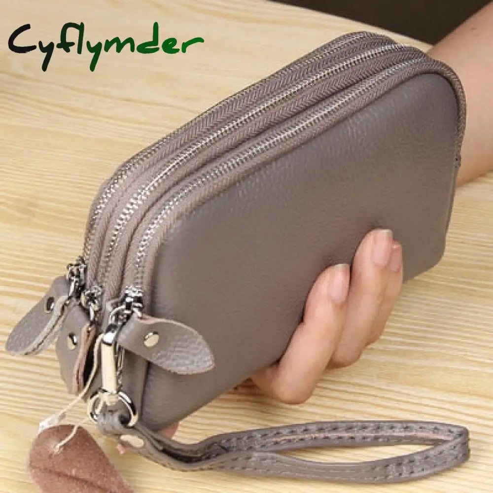 Cyflymder Women Long Wallet Genuine Leather 3-Layer Zipper Purse Bag Large Capacity Wristlet Clutch