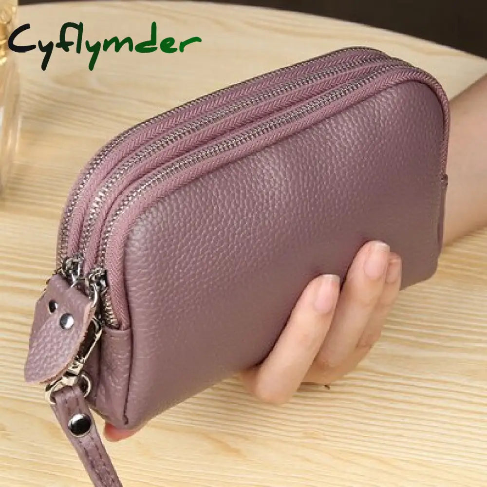 Cyflymder Women Long Wallet Genuine Leather 3-Layer Zipper Purse Bag Large Capacity Wristlet Clutch