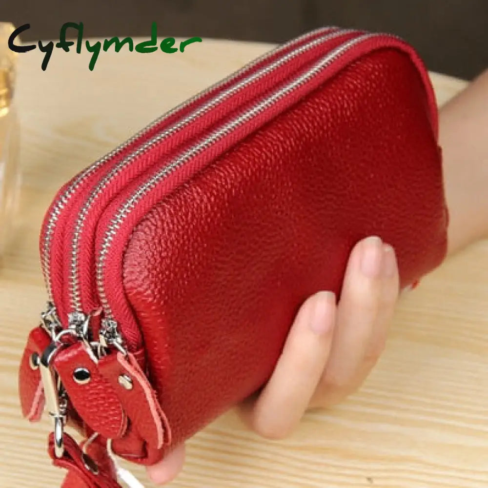 Cyflymder Women Long Wallet Genuine Leather 3-Layer Zipper Purse Bag Large Capacity Wristlet Clutch