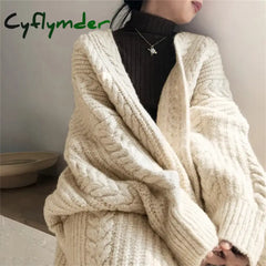 Cyflymder Women Loose Warm Long Cardigan Coat Solid Sleeve Knit Thicken Sweater Autumn Winter