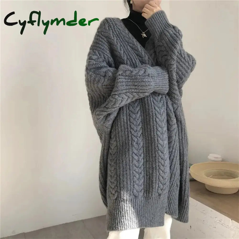 Cyflymder Women Loose Warm Long Cardigan Coat Solid Sleeve Knit Thicken Sweater Autumn Winter