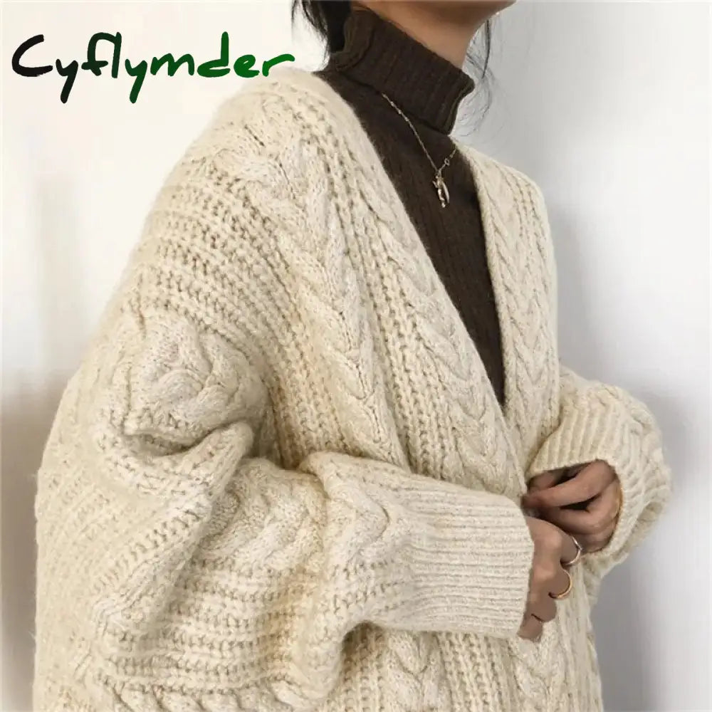 Cyflymder Women Loose Warm Long Cardigan Coat Solid Sleeve Knit Thicken Sweater Autumn Winter