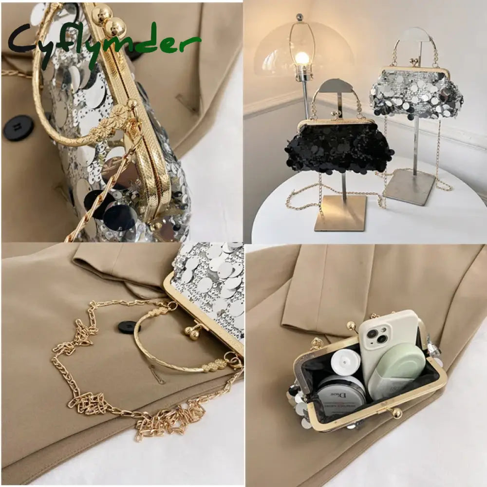 Cyflymder Women Luxury Evening Clutch Bag Wedding Golden Sequins Purse Chain Shoulder Bags Small