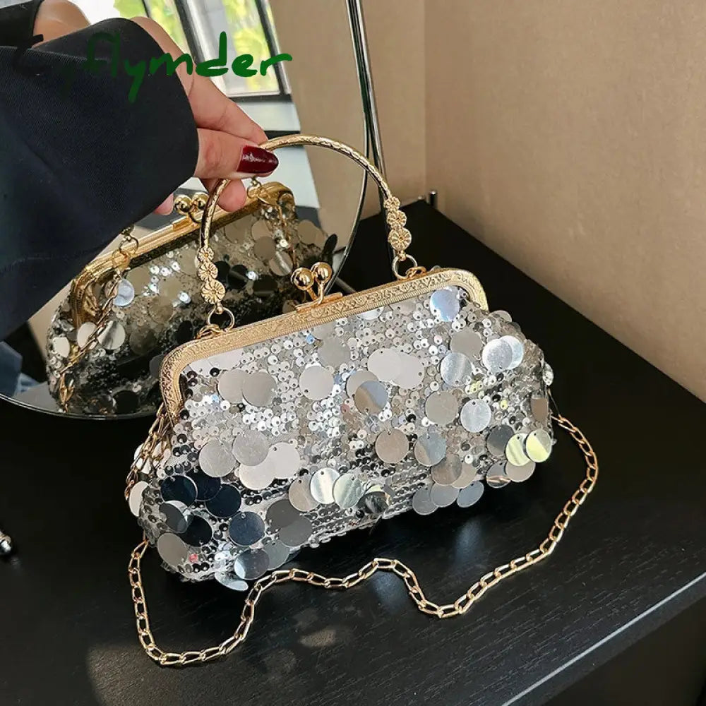 Cyflymder Women Luxury Evening Clutch Bag Wedding Golden Sequins Purse Chain Shoulder Bags Small