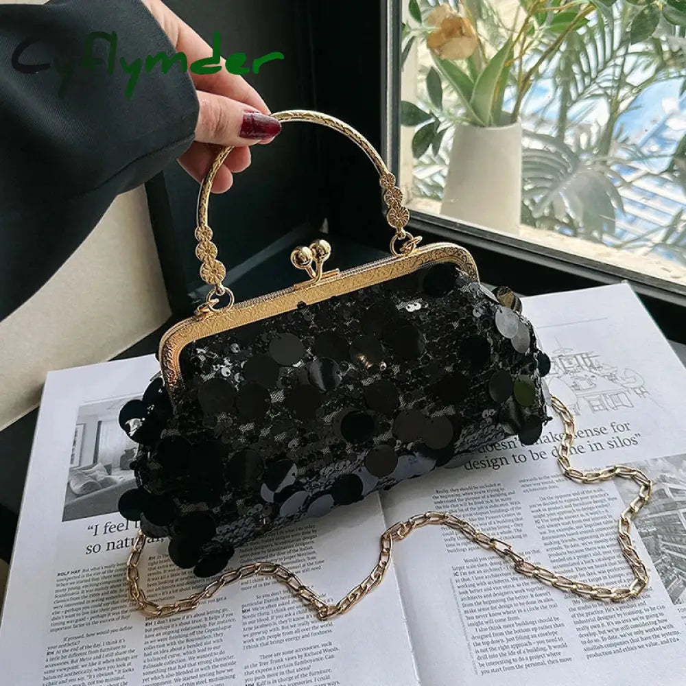 Cyflymder Women Luxury Evening Clutch Bag Wedding Golden Sequins Purse Chain Shoulder Bags Small